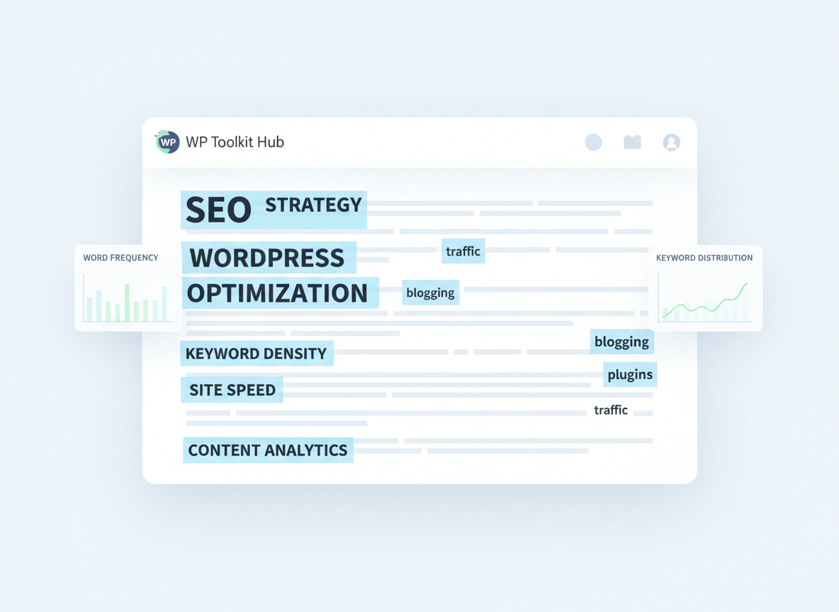 Illustration showing keyword density analysis on a webpage with highlighted words - WP Toolkit Hub