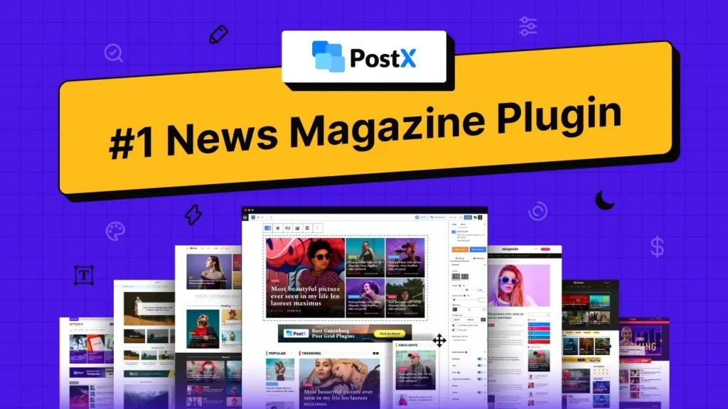 Latest PostX Pro v1.7.3 Gutenberg Post Blocks interface showing various post grid layouts.