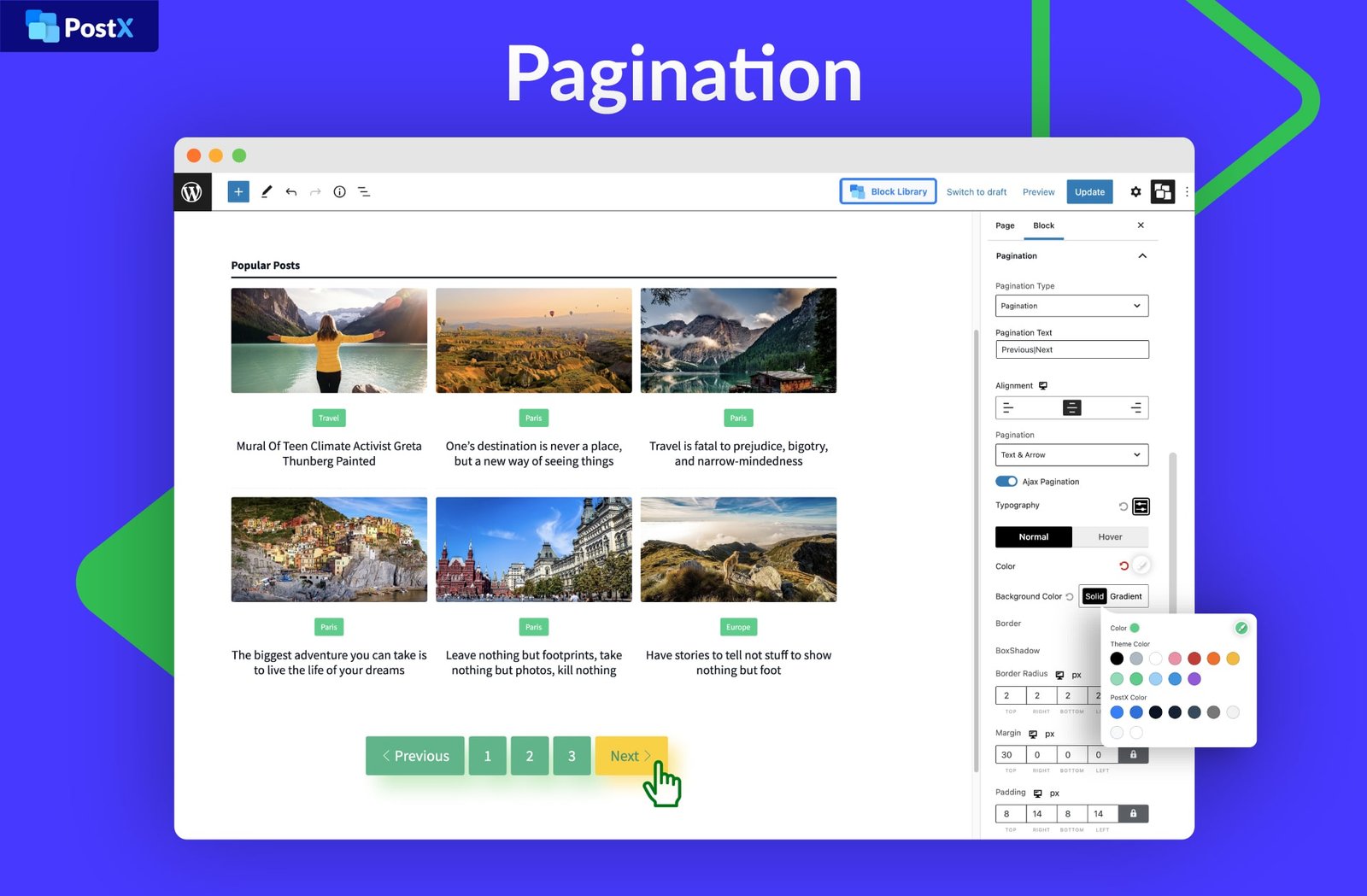 PostX Pro query builder settings screen inside WordPress Gutenberg editor.