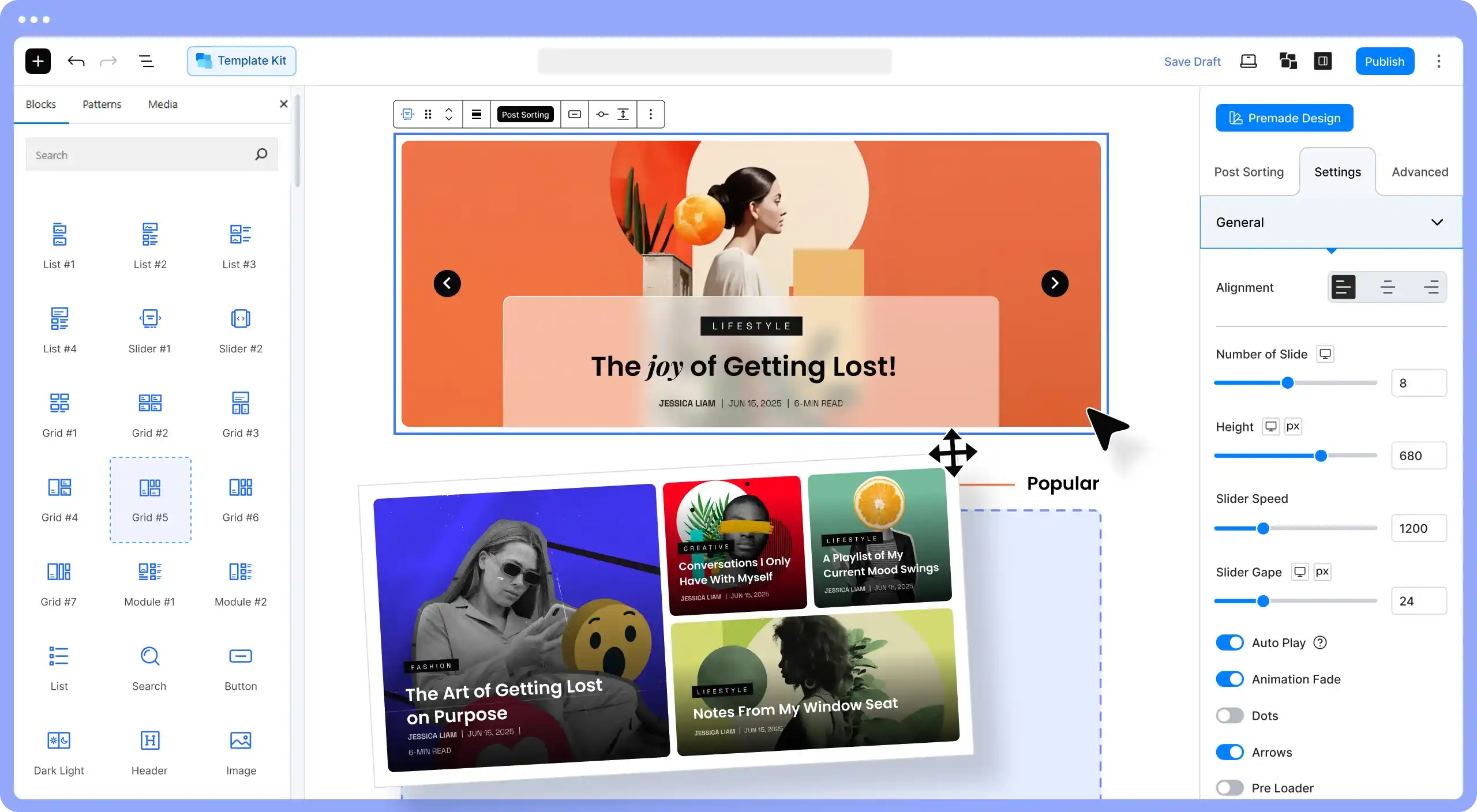 A selection of PostX Pro starter site templates for news and magazine websites.