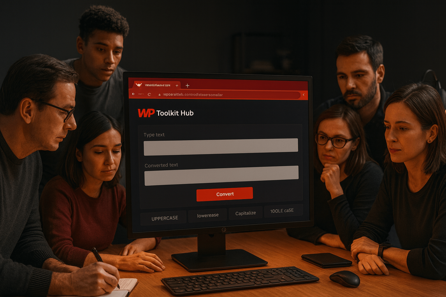 People working together in a dark workspace while using the WP Toolkit Hub Case Converter tool on a desktop computer