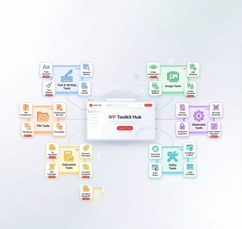 WP Toolkit Hub wide banner showing flexible tool categories like text, image, file, and utility tools.
