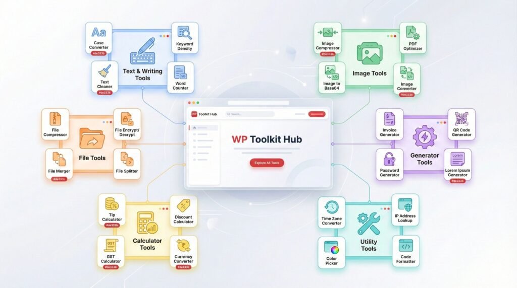 WP Toolkit Hub wide banner showing flexible tool categories like text, image, file, and utility tools.