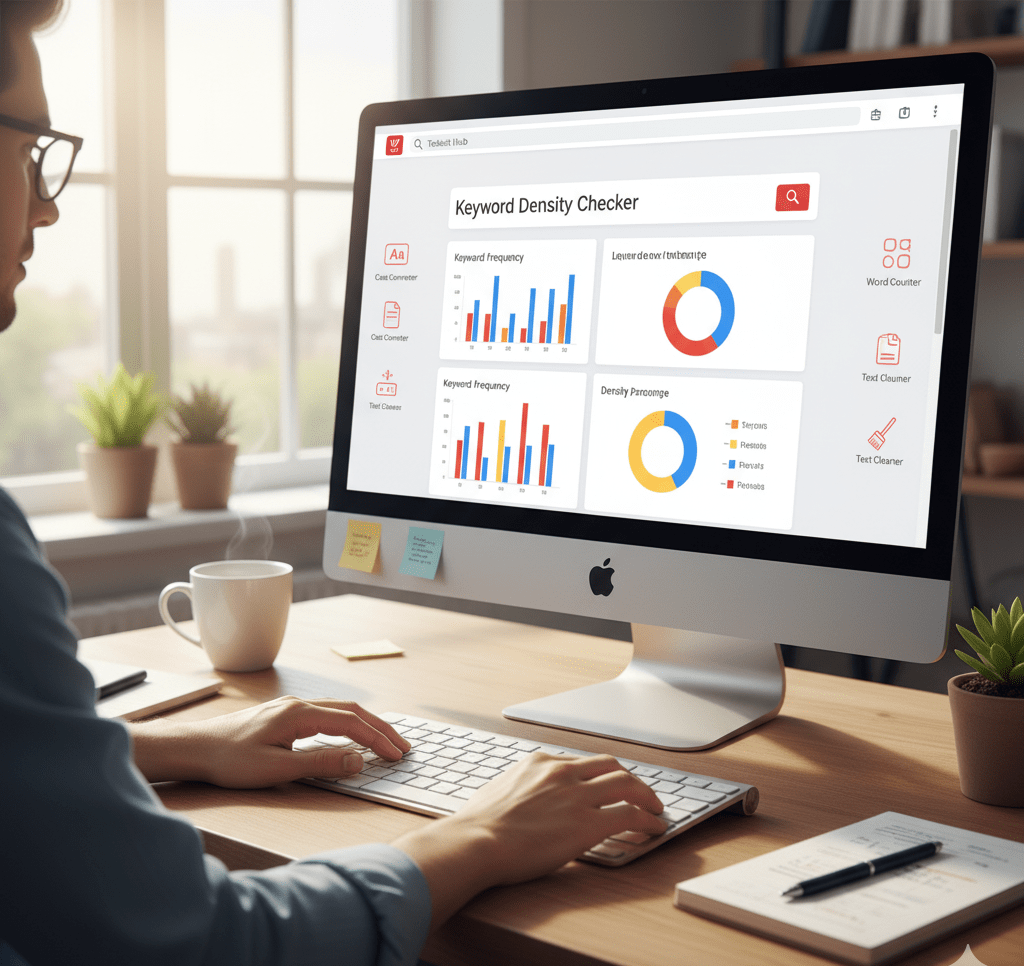 Person using an online keyword density checker tool on a computer, with a clean and professional workspace inspired by WP Toolkit Hub