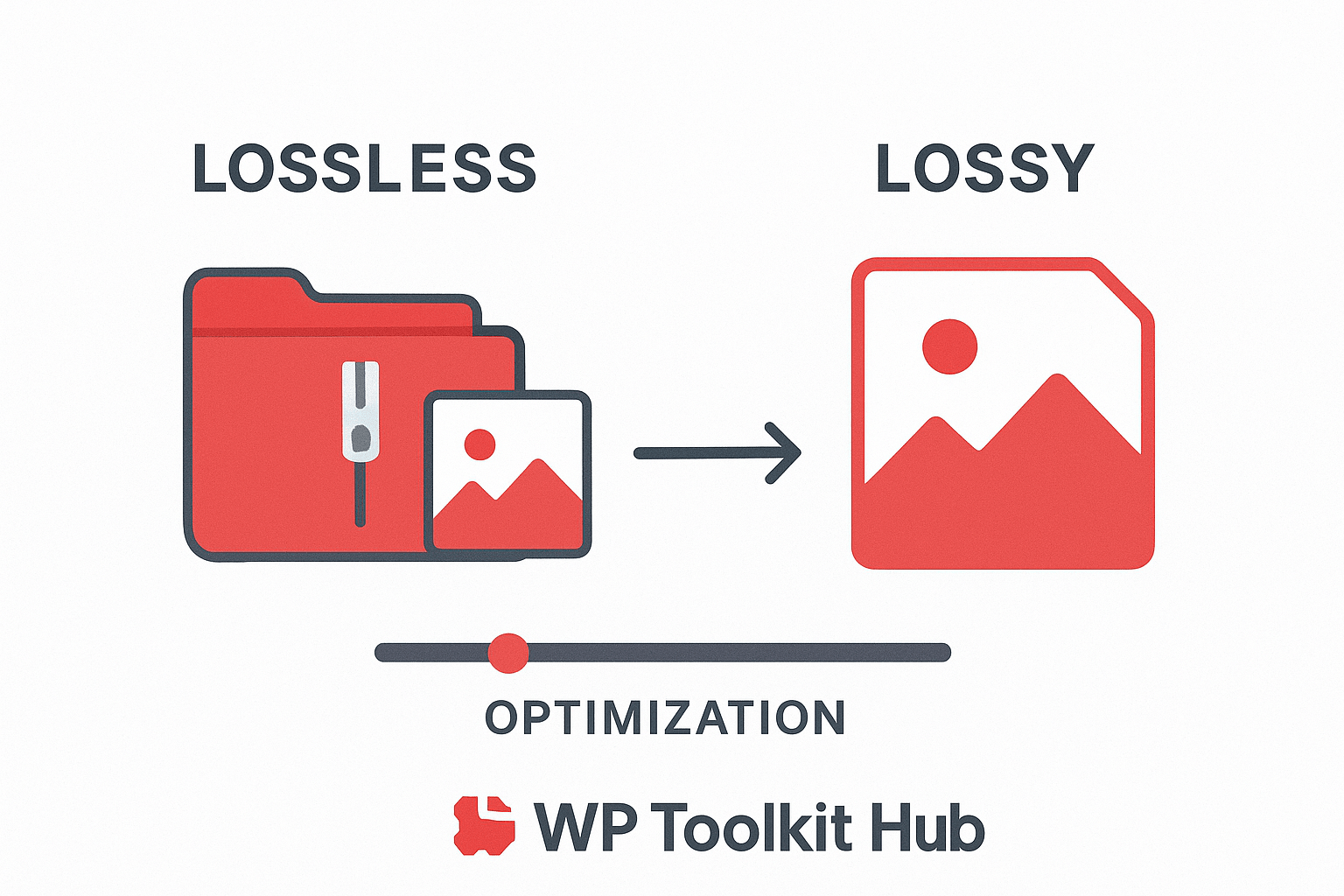 Graphic showing lossless vs lossy compression with a clean slider in the middle, branded for WP Toolkit Hub.