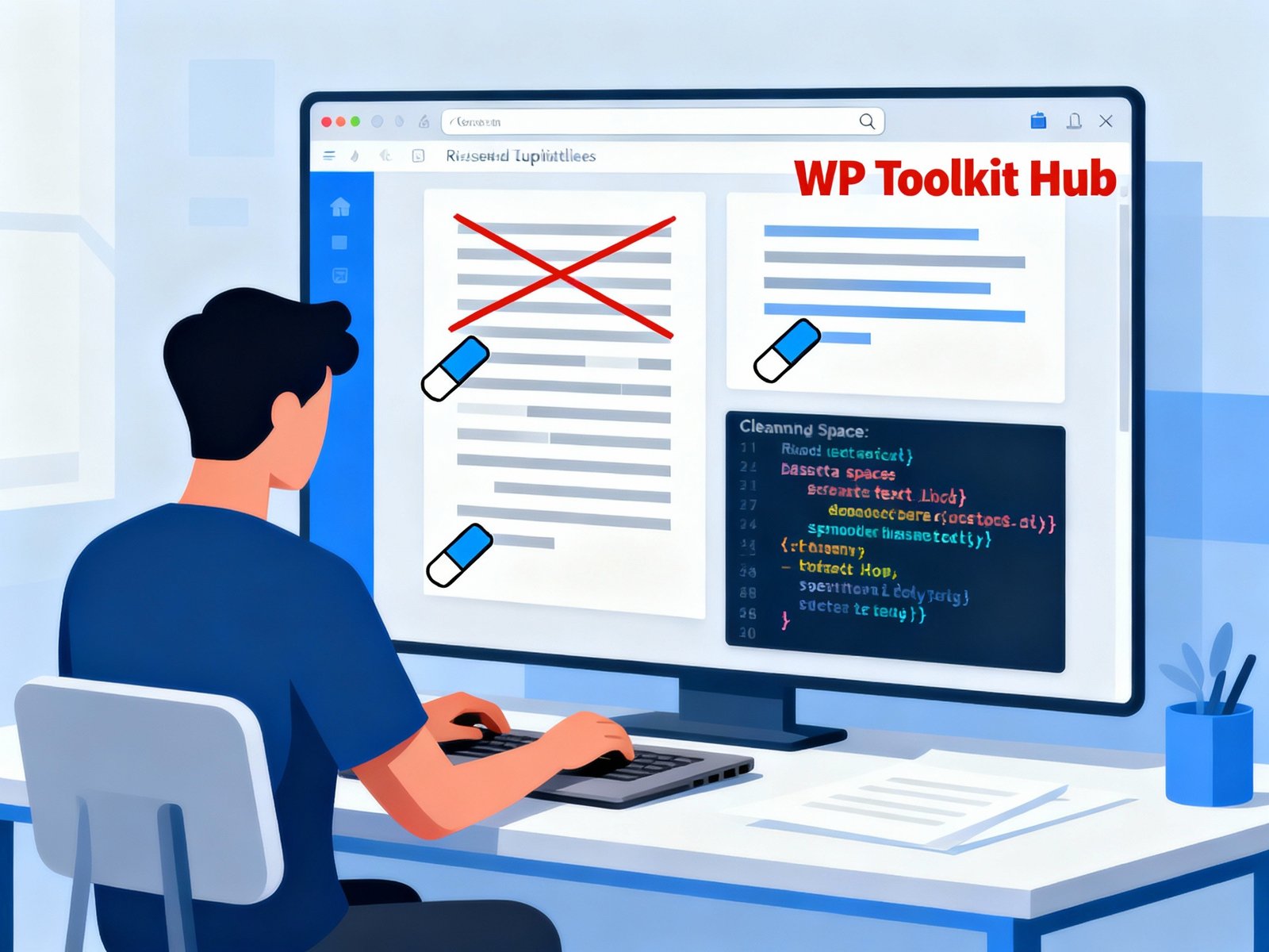 WP Toolkit Hub text cleaning tool interface on a computer screen, showing duplicate lines removed and text organized efficiently, emphasizing fast and accurate browser-based workflow
