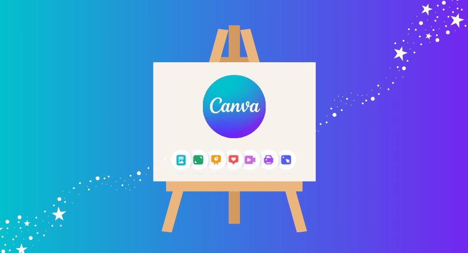 An easel displays the Canva logo on a whiteboard, with vibrant Canva app icons below, set against a blue and purple gradient background accented with stars.