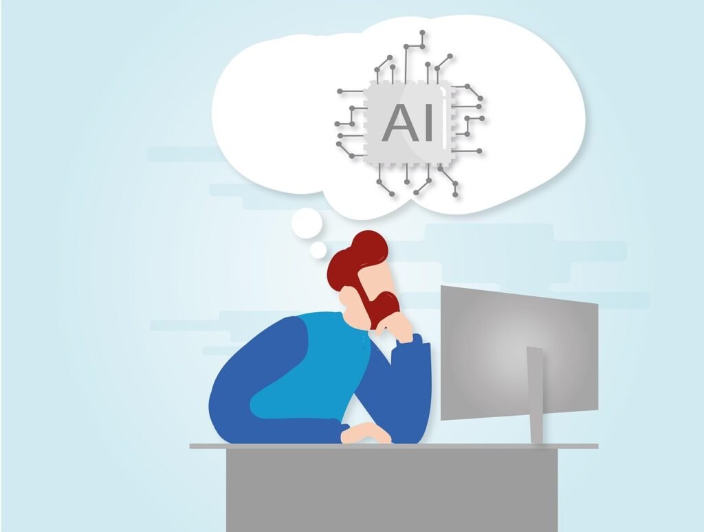 Illustration of a person sitting at a desk, looking at a computer monitor and thinking about artificial intelligence, represented by a microchip labeled "AI" and the word "ChatGPT" in a thought bubble.