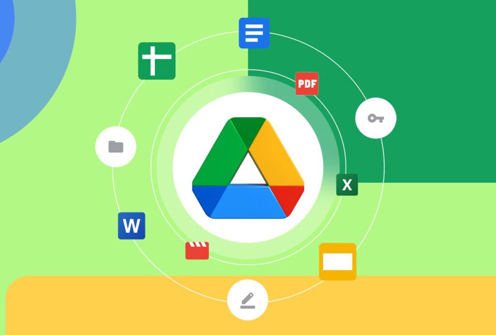 The Google Drive logo sits at the center, surrounded by icons for Docs, Sheets, Slides, PDF, Word, Key, and a folder—all set against a colorful background to highlight Google Drive’s versatility.