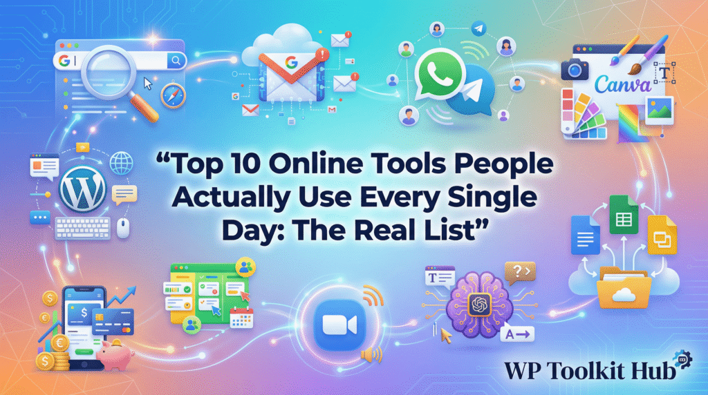 Top 10 online tools people actually use every day including Google Search, Gmail, WhatsApp, Canva, Google Drive, ChatGPT, Zoom, Trello, WordPress, and online banking apps – WP Toolkit Hub
