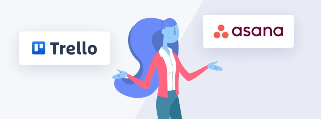 Illustration of a woman standing between Trello and Asana logos, thoughtfully comparing the two project management platforms.