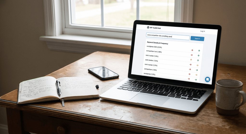 A realistic desk setup with a laptop showing a keyword density checker comparing terms from another website on WP Toolkit Hub.