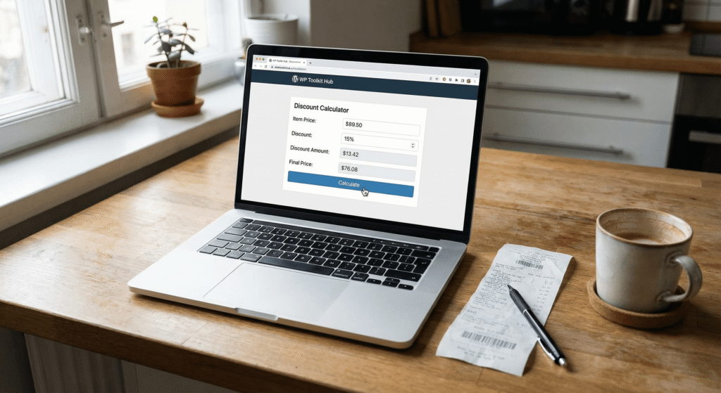 A realistic desk setup with a laptop showing the WP Toolkit Hub discount calculator displaying original price, discounts, and final savings.