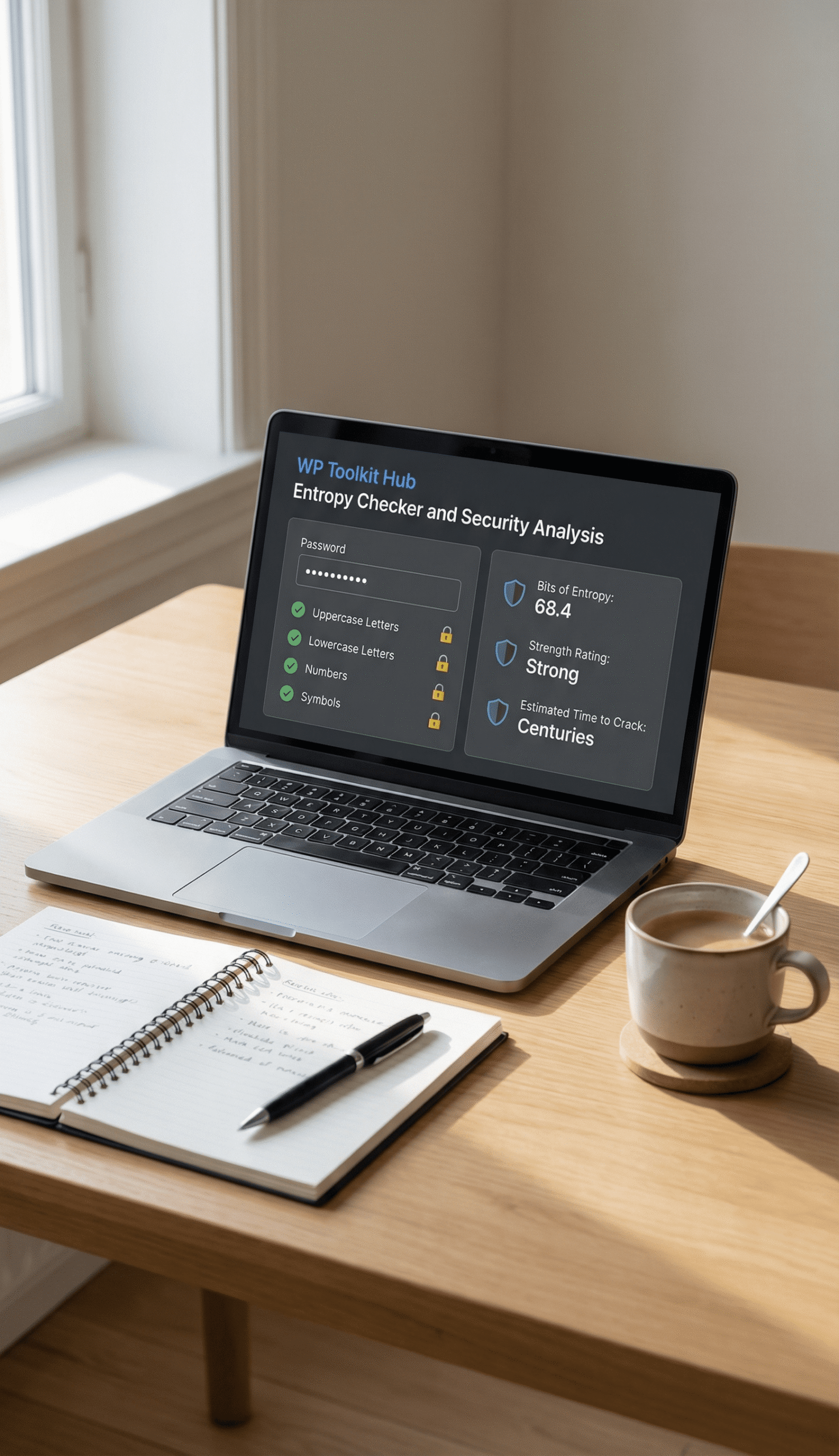 A realistic vertical workspace scene (ratio width 700px, height 1200px) showing a laptop on a desk with the WP Toolkit Hub Entropy Checker and Security Analysis tool open on the screen. The interface should display a password input field, checkmarks for uppercase, lowercase, numbers, and symbols, plus a results panel showing bits of entropy, strength rating, and estimated time to crack. Use subtle lock or shield icons inside the UI only. Include a notebook, pen, and coffee cup on the desk. Natural lighting and soft shadows so it looks like a real photograph, not AI-generated.