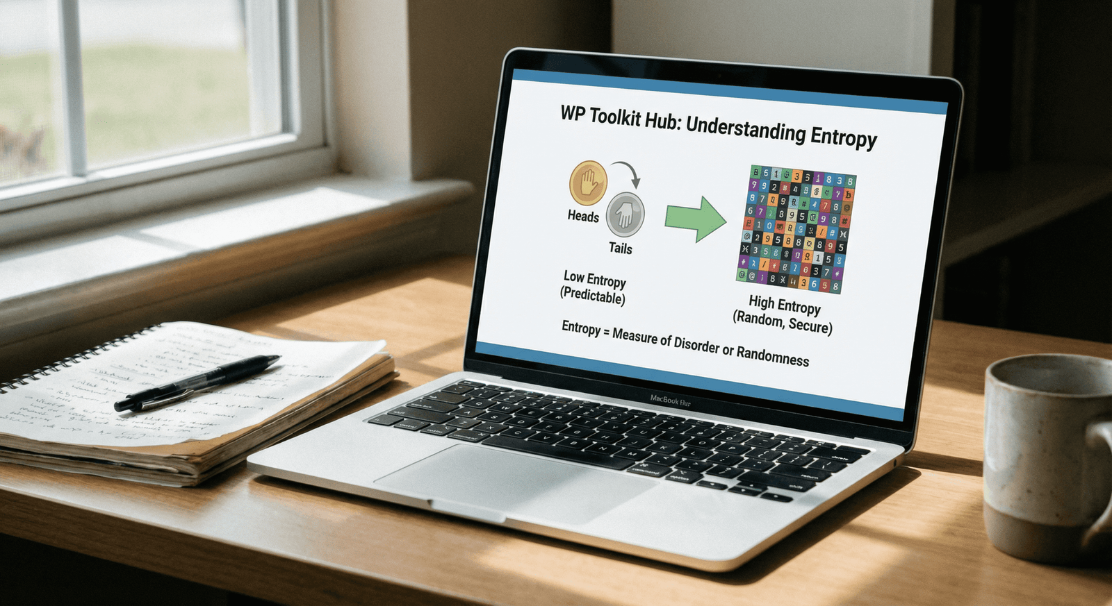 A realistic photo of a laptop on a desk displaying a simple entropy explanation interface branded “WP Toolkit Hub.” The screen should show a visual comparison, such as a coin flip icon with low entropy and a complex pattern or password grid with high entropy. The design should feel educational and clean, not technical or futuristic. Include natural desk items like a notebook and pen, soft daylight, and real shadows so the image looks like an authentic photograph, not AI-generated.