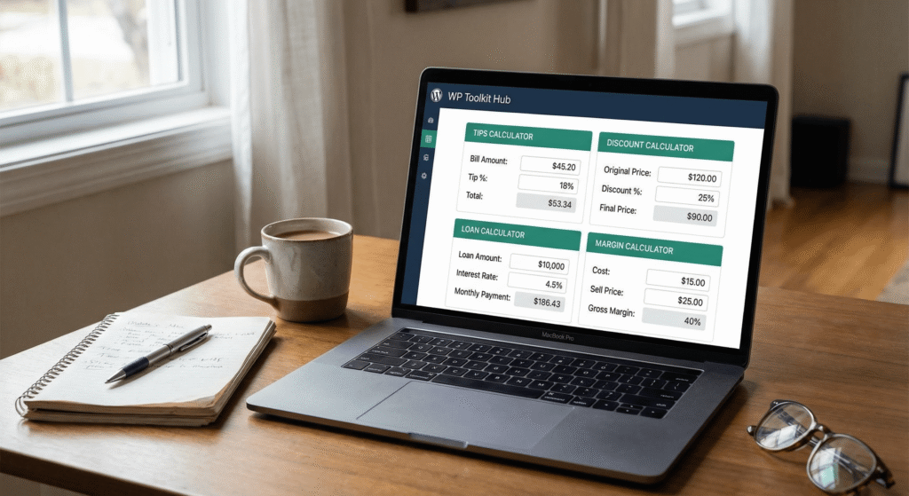 A realistic photo of a laptop on a desk showing a financial calculator dashboard branded “WP Toolkit Hub.” The screen should display simple calculator panels for tips, discounts, loans, and margins with clear numbers and input fields. The scene should feel practical and everyday, not corporate or technical. Include real desk items like a notebook, pen, and coffee cup. Use natural lighting and soft shadows so the image looks like an authentic photograph, not AI-generated.
