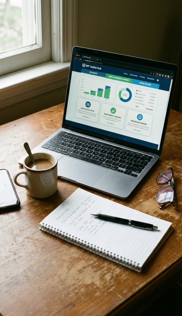 A vertical workspace with a laptop showing the WP Toolkit Hub financial calculator tailored for students, small business owners, and home buyers.