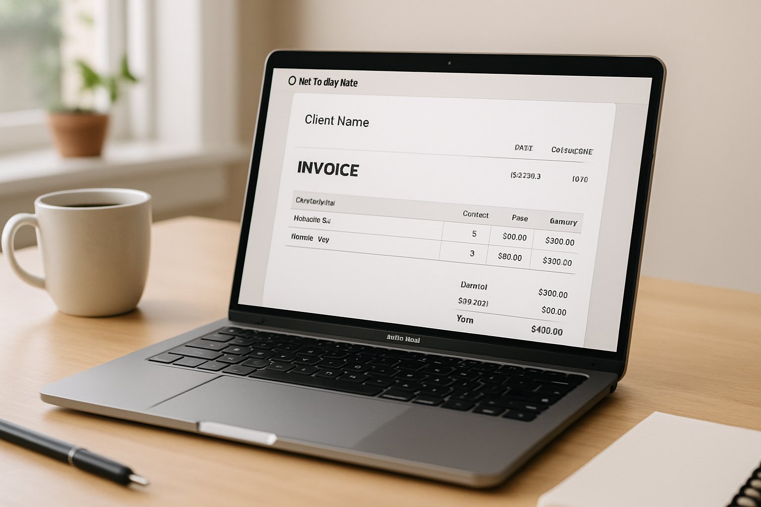 A realistic desk setup with a laptop displaying a professional invoice generator interface branded with WP Toolkit Hub.