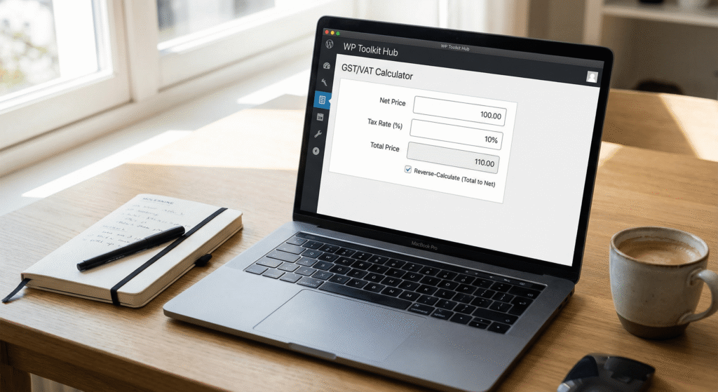 A realistic desk setup with a laptop showing the WP Toolkit Hub GST/VAT calculator with input fields for tax rate and total price.
