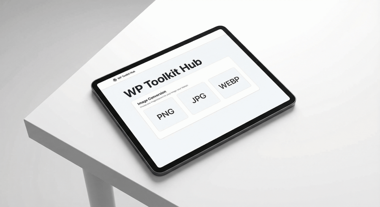 A clean studio-style photo of a tablet showing an image converter interface branded with WP Toolkit Hub