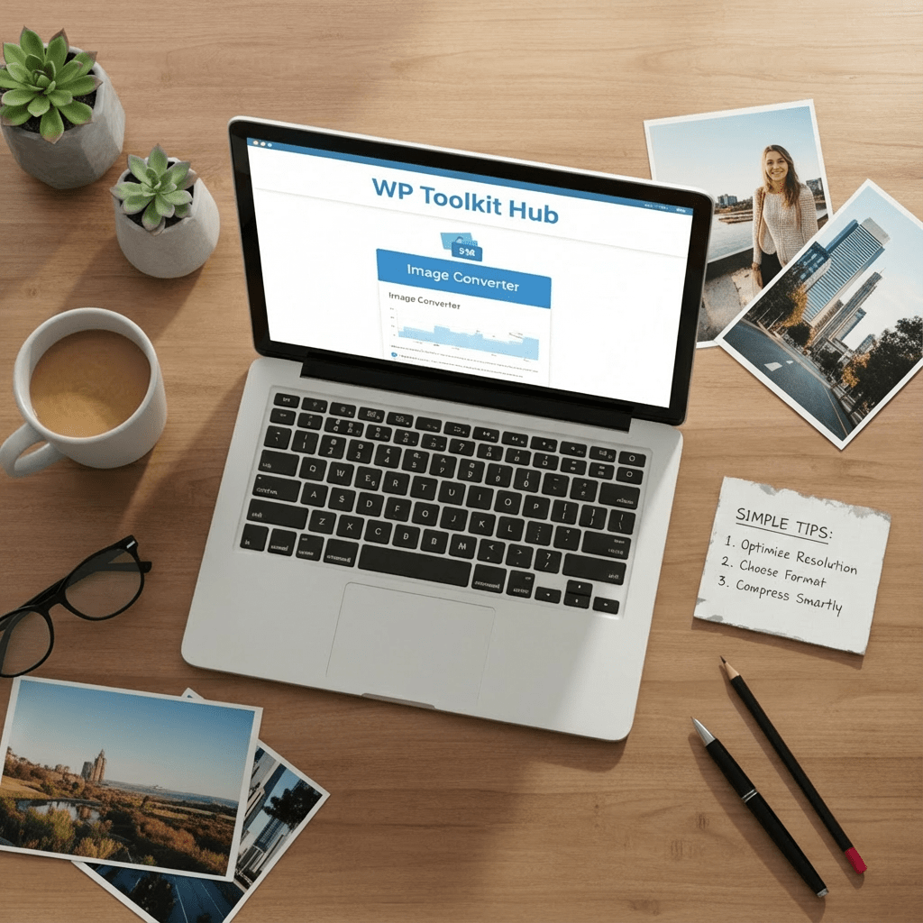 A flat-lay workspace with printed images and a laptop showing the WP Toolkit Hub image converter alongside a note card with tips.