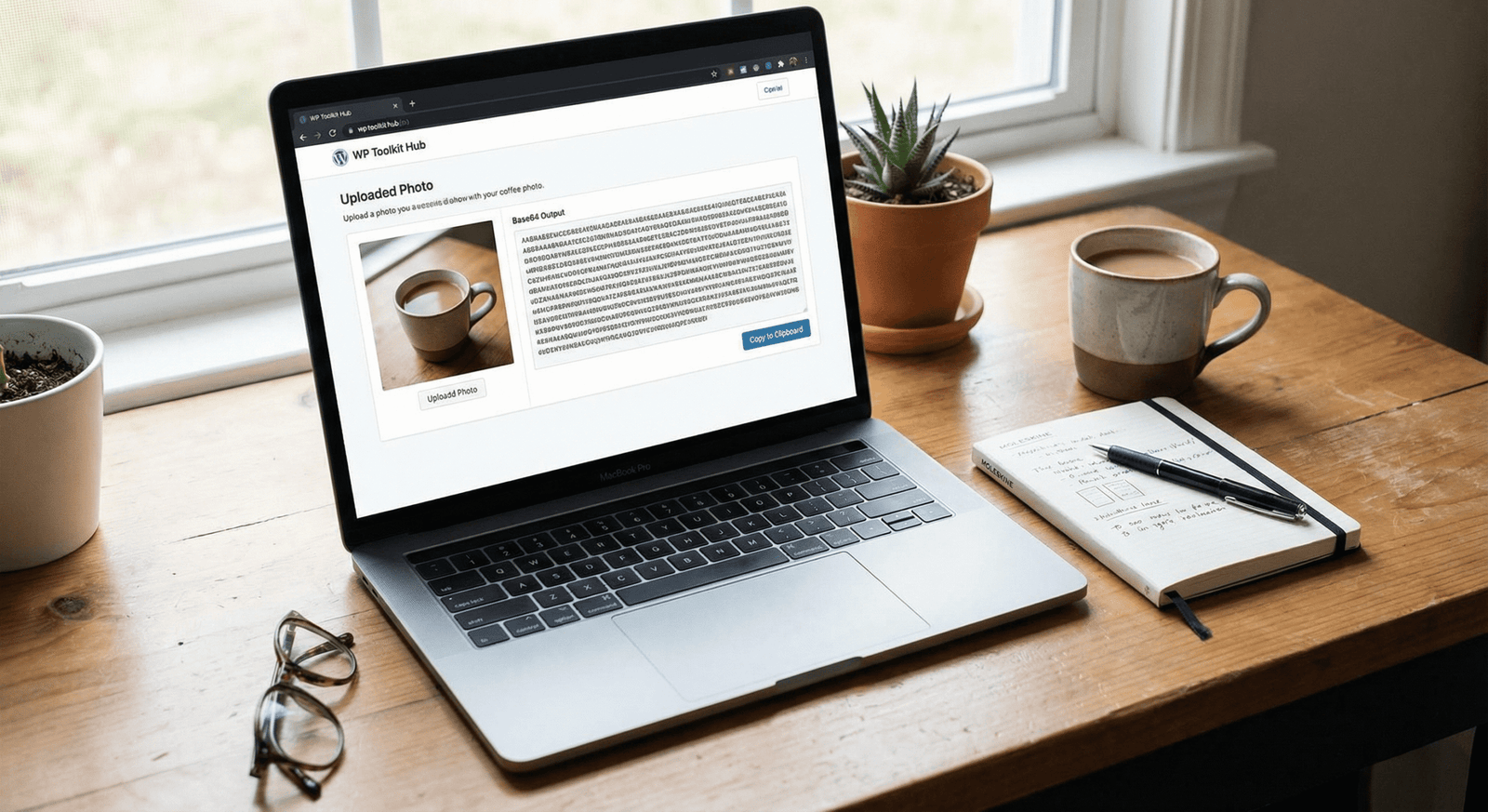 A realistic desk setup with a laptop showing an image-to-Base64 converter interface branded with WP Toolkit Hub, including an image preview and Base64 code box.