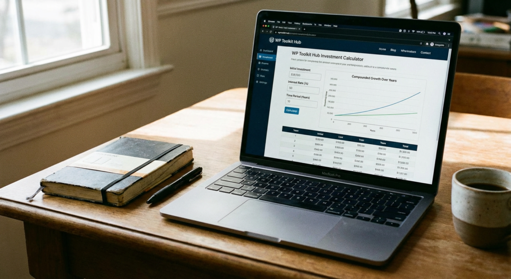 A realistic desk setup with a laptop displaying the WP Toolkit Hub investment calculator showing compounded growth over time.