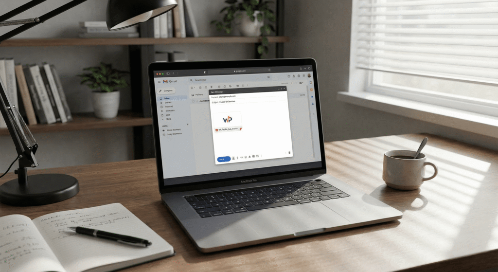 A realistic office desk with a laptop composing an email attaching a PDF invoice from WP Toolkit Hub.