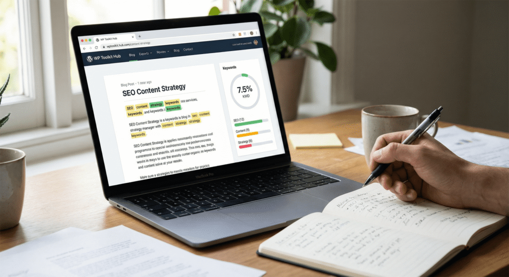 A realistic photo of a laptop on a desk displaying a keyword density checker interface branded “WP Toolkit Hub.” The screen should show highlighted keywords in text, a percentage indicator, and simple bars showing keyword frequency. The setup should feel like someone reviewing SEO content. Use natural daylight, soft shadows, and real desk items like a notebook and pen. The image must look like a real photograph, not AI-generated.