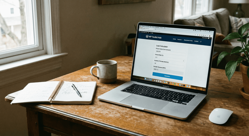 A realistic desk setup with a laptop displaying the WP Toolkit Hub loan calculator showing loan amount, interest rate, periods, and monthly payment.