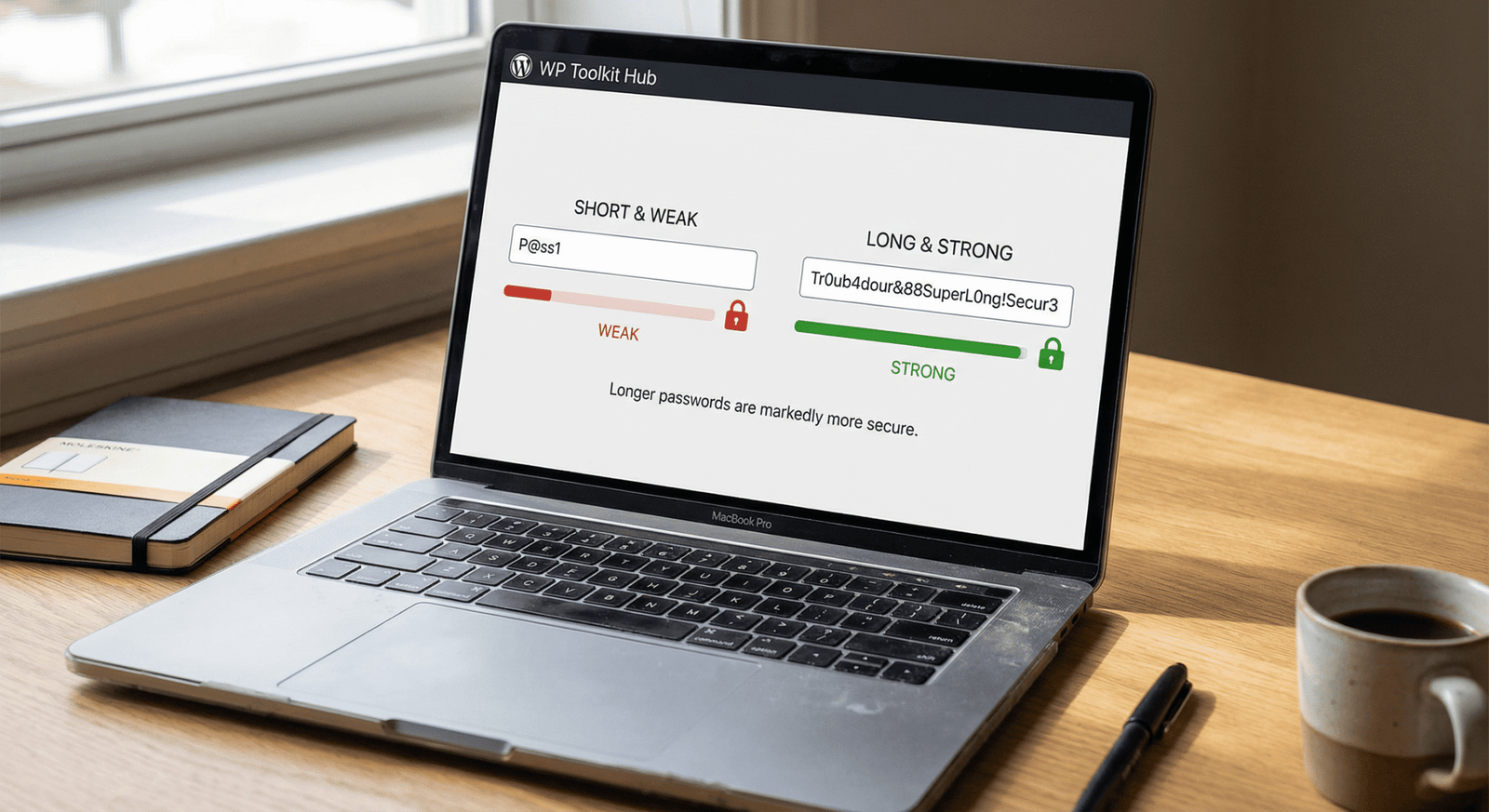 A realistic desk setup with a laptop showing a password length comparison and strength indicators on the WP Toolkit Hub security tool.