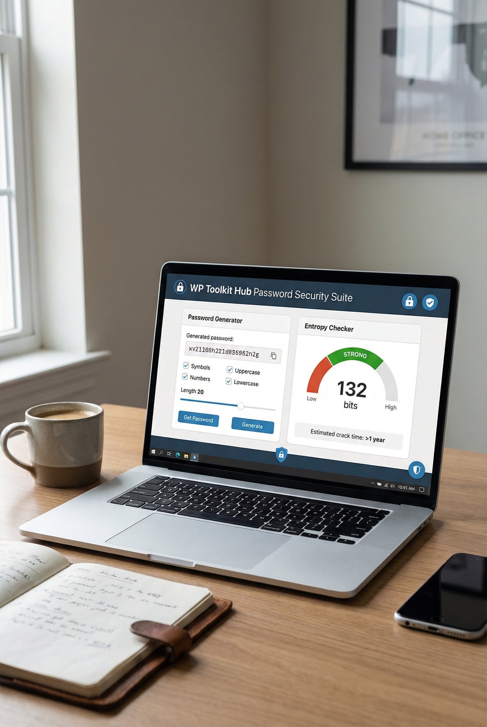 A vertical workspace showing a laptop displaying the WP Toolkit Hub password generator and entropy checker tools in a realistic desk setting.