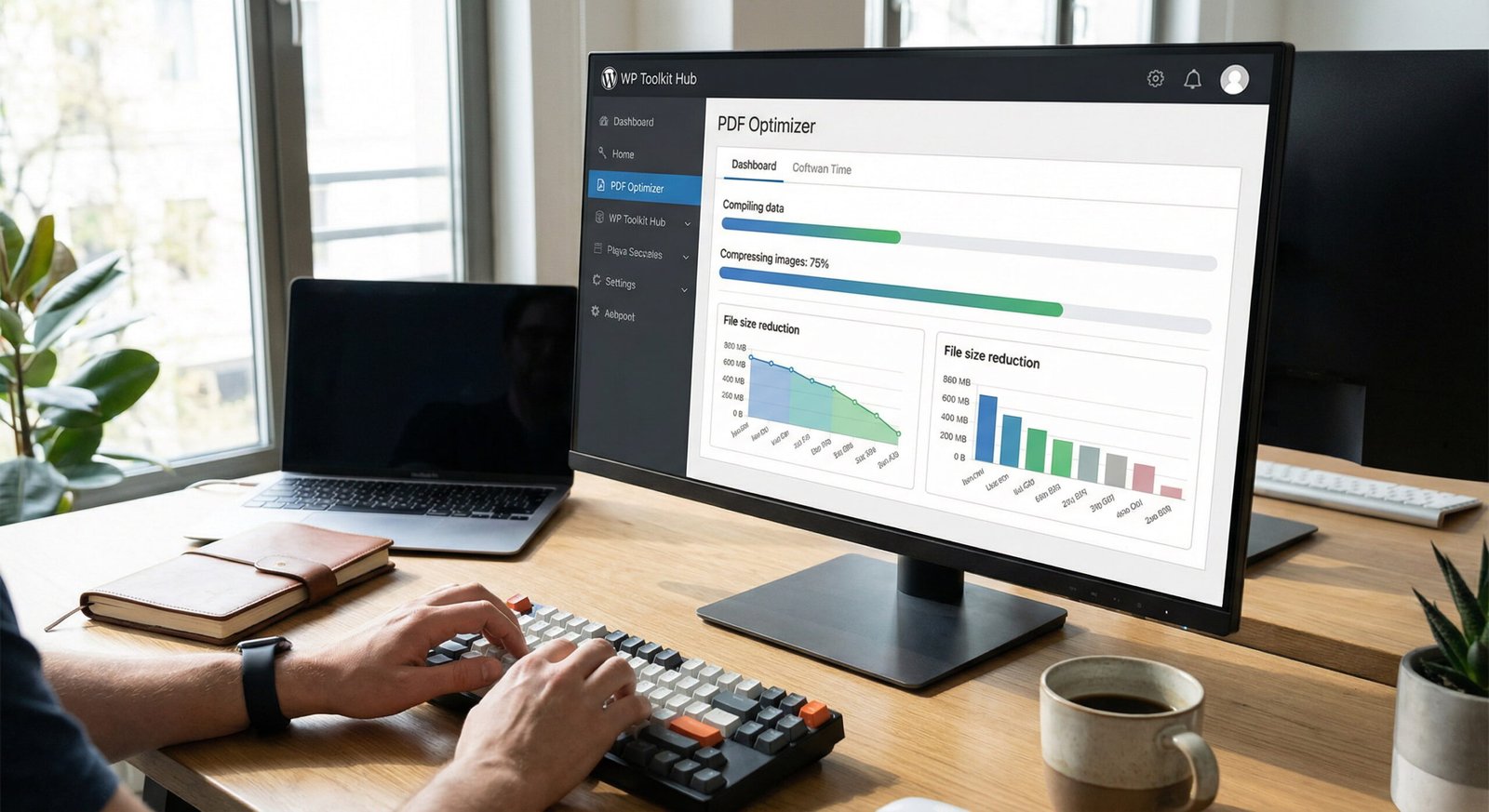 A realistic photo of a person using a laptop in a bright workspace, reviewing a large PDF file on screen with clear file size indicators. A small notification or graphic shows the file shrinking in size, representing PDF size optimization. The screen naturally includes the brand name “WP Toolkit Hub” within the interface. The scene looks like a real office or home desk setup with natural lighting, no artificial or futuristic effects. The image should look like an authentic photograph, not AI-generated.