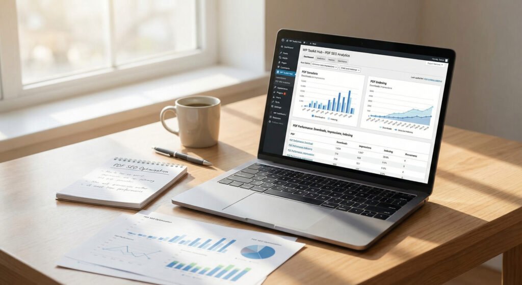 A realistic photo-style image of a desk with a laptop screen showing an SEO analytics dashboard for PDF performance. Include natural lighting, soft shadows, and a clean workspace with notes or charts about “PDF SEO Optimization.” The laptop interface should display the brand name “WP Toolkit Hub” in a real-looking UI, not stylized or cartoonish. The scene should feel like a real office environment, avoiding anything that looks AI-generated.