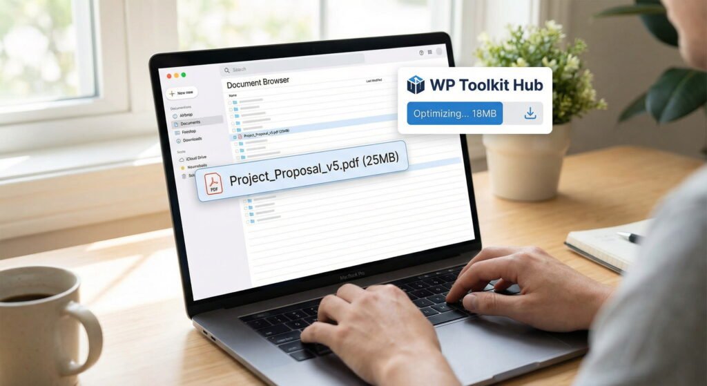 A realistic workspace with a person using a laptop that displays a PDF size optimization interface branded with WP Toolkit Hub, showing file size reduction visuals.