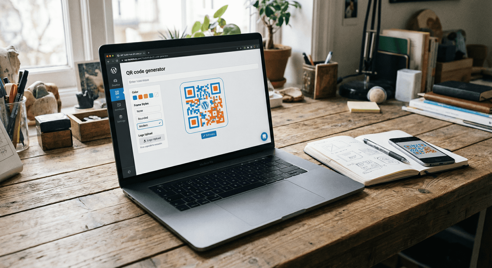 A realistic desk setup with a laptop showing the WP Toolkit Hub QR code generator with color, frame, and logo customization options.