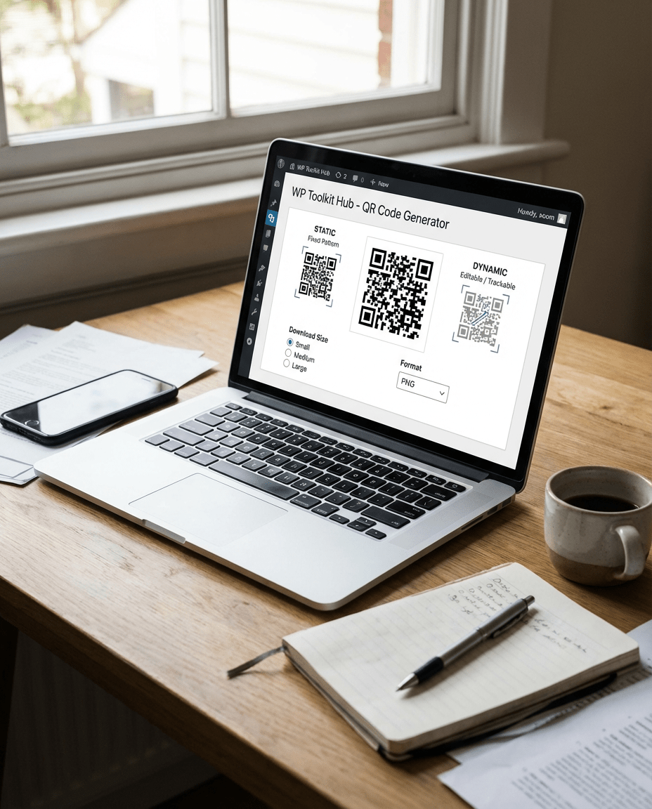 A vertical workspace with a laptop displaying WP Toolkit Hub QR code generator download options, including Small, Medium, Large sizes and PNG format, with static and dynamic QR code indicators.