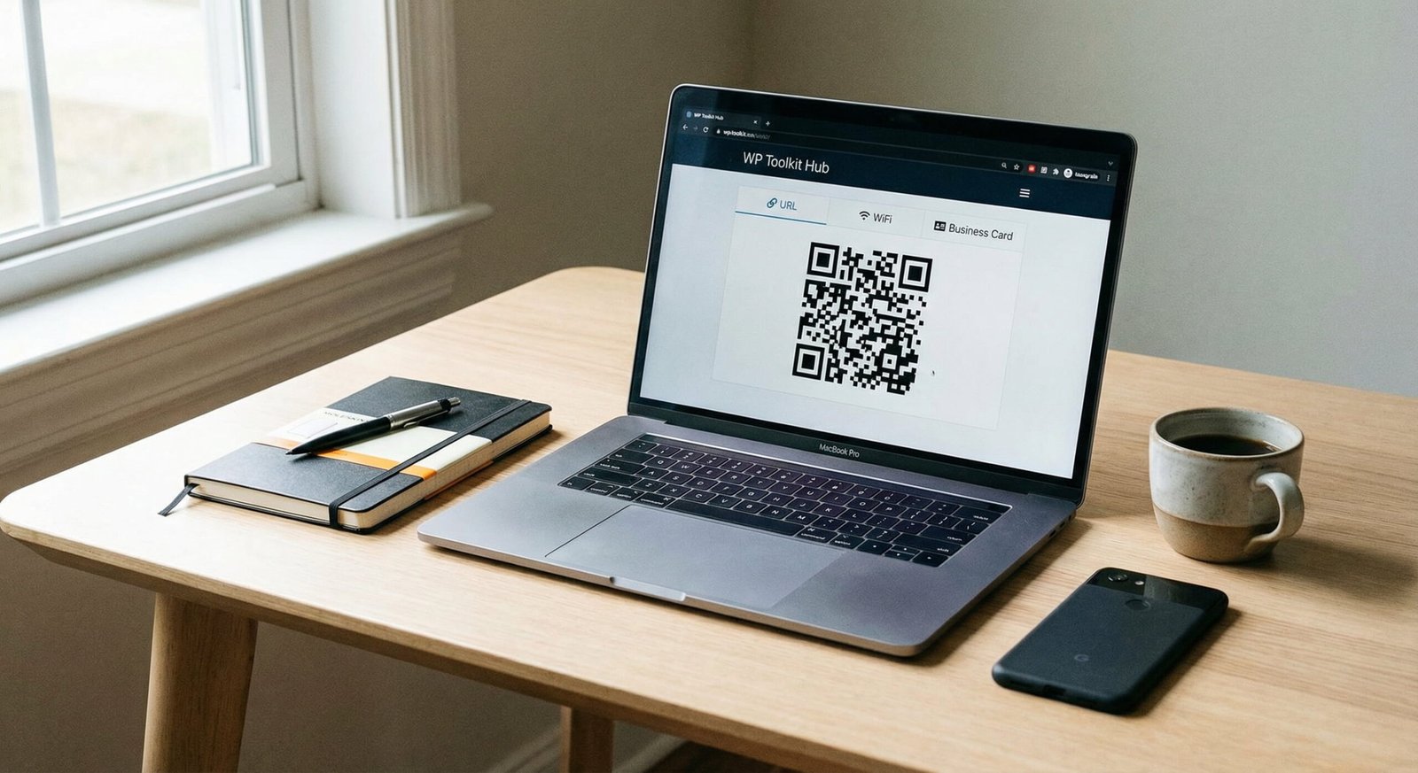 A realistic desk with a laptop displaying the WP Toolkit Hub QR code generator showing a generated QR code and various options.