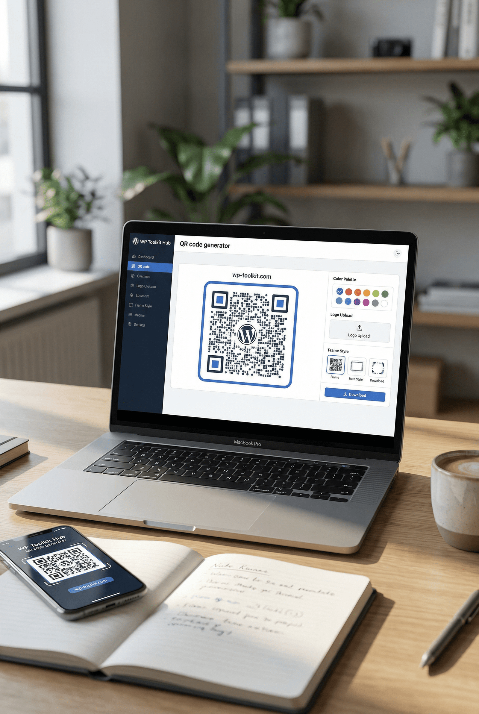 A vertical workspace showing a laptop displaying the WP Toolkit Hub QR code generator with customization options and a high-resolution QR code.