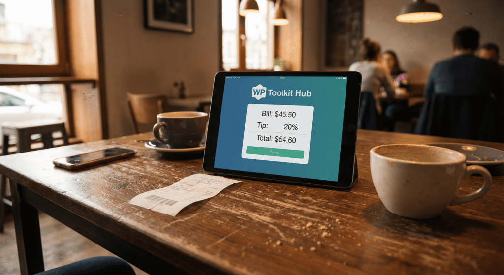 A realistic café table scene with a device showing the WP Toolkit Hub tip calculator displaying bill and tip totals.