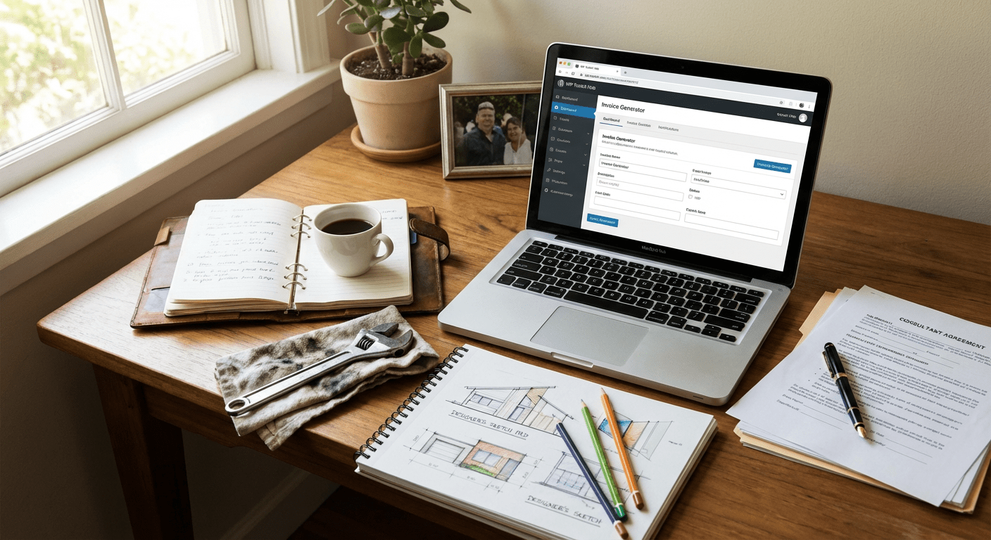 A realistic photo of a small business workspace showing different people’s work tools on a desk — a laptop with an invoice generator interface branded “WP Toolkit Hub” on the screen, a notebook, a mechanic’s wrench, a designer’s sketch pad, and a consultant’s pen and documents. The scene should feel like a mix of freelancer, contractor, shop owner, and consultant tools in one image. Use natural lighting, soft shadows, and a genuine, real-photo look. No AI-art appearance.