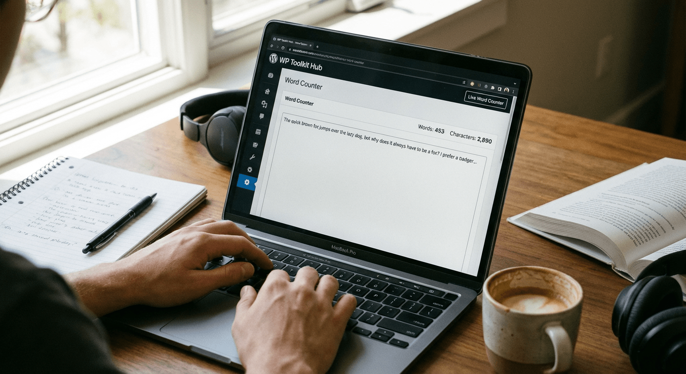 A realistic desk setup with a laptop showing the WP Toolkit Hub word counter tool with live word and character counts.